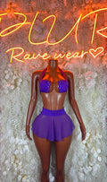 Purple two-piece rave skirt set with sparkly bra top and short pleated skirt