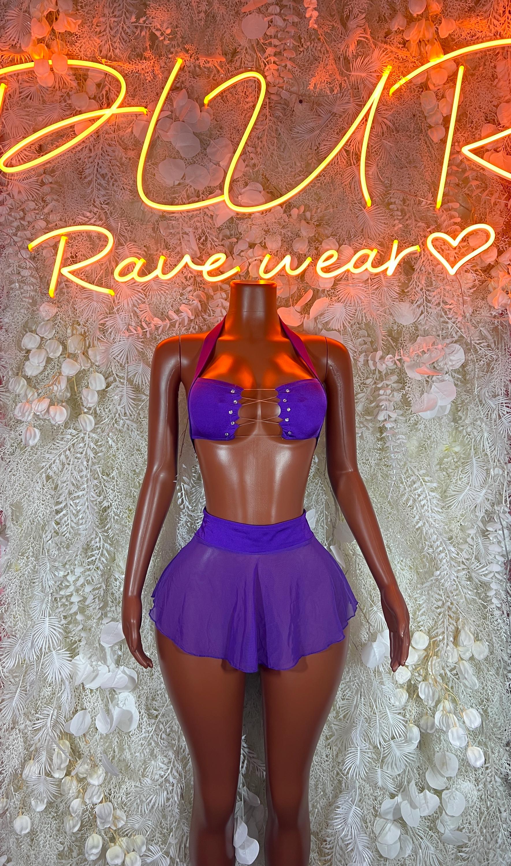 Purple two-piece rave skirt set with sparkly bra top and short pleated skirt