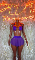 Purple two-piece rave outfit with sequined bralette and short flared skirt