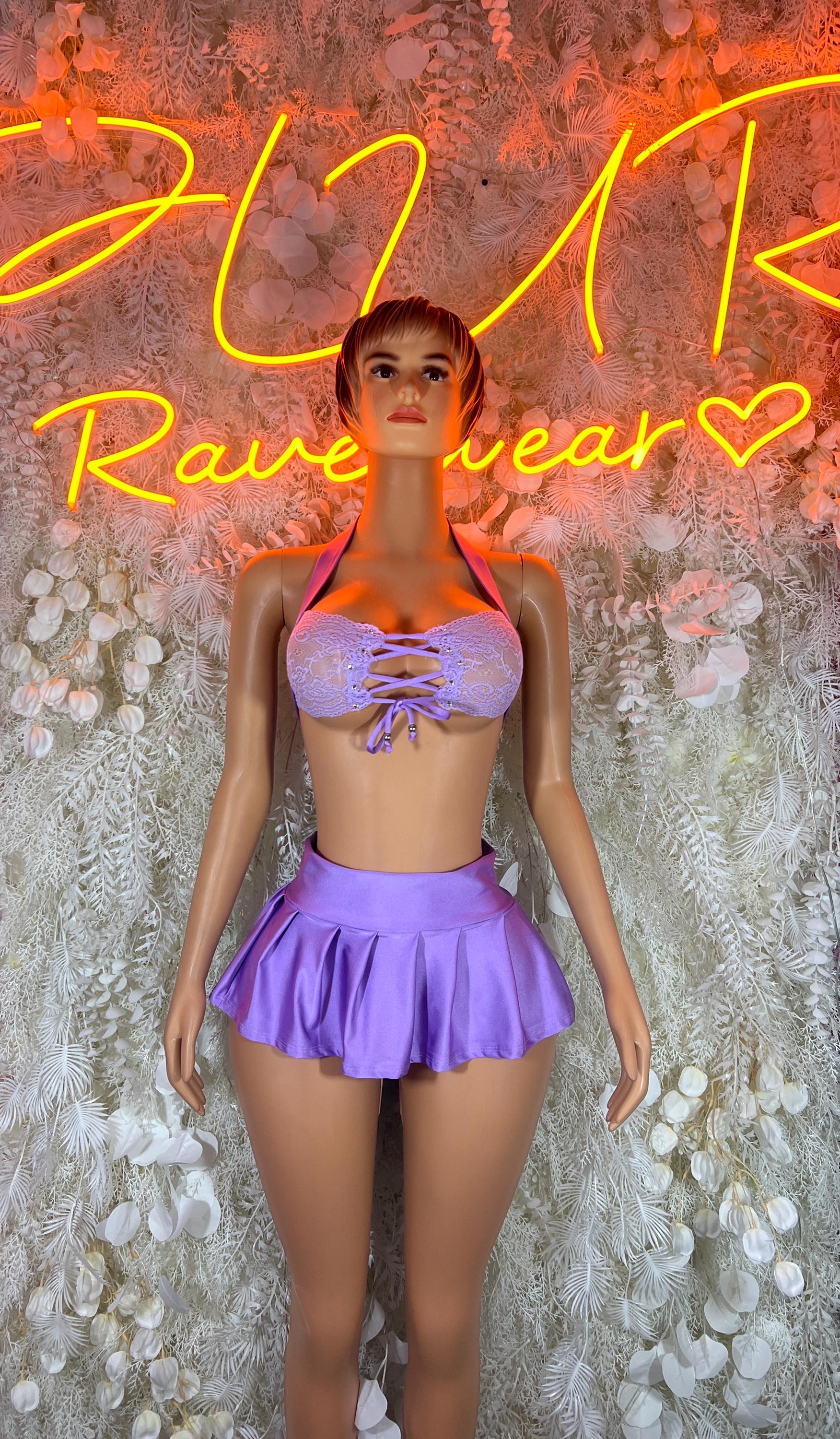 Purple lace bandeau top and pleated mini skirt two-piece outfit