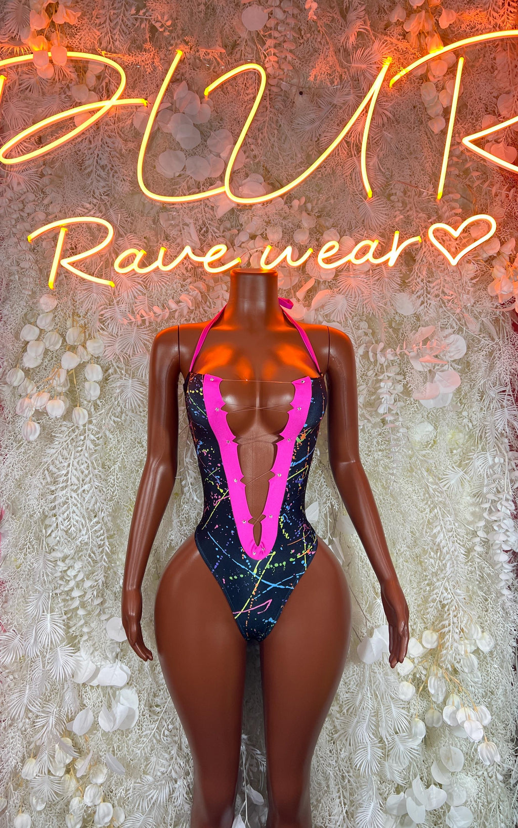 Multicolor festival bodysuit with hot-pink V detail and dark blue center front
