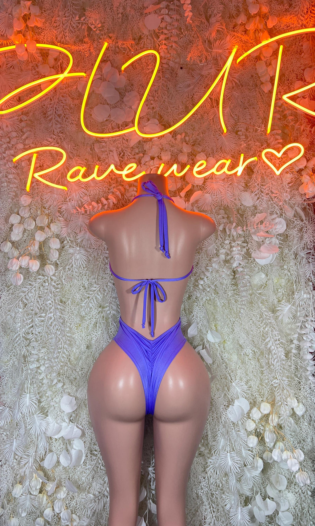 Blue halter high-cut bodysuit with tie-back strings, thong bottom