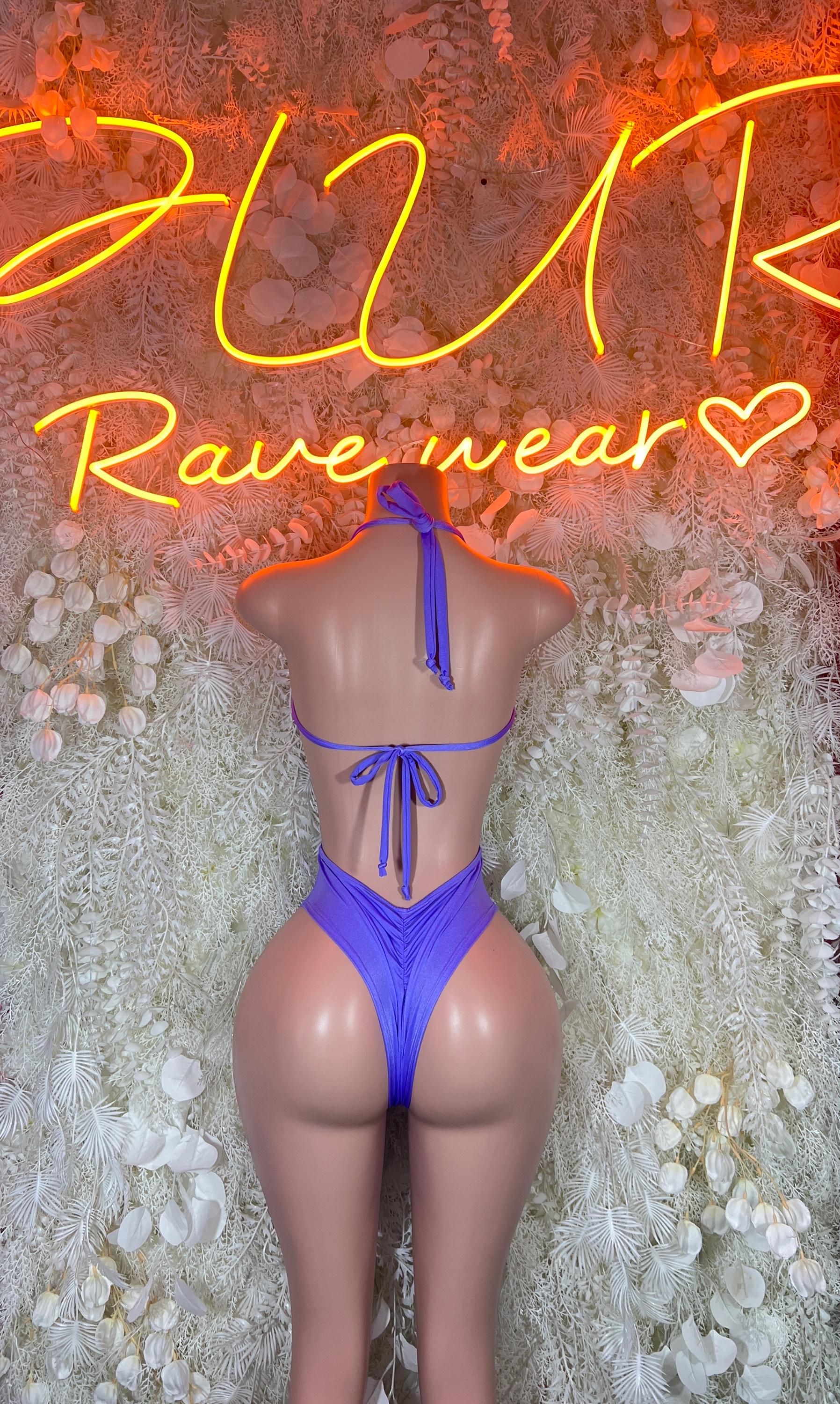 Blue halter high-cut bodysuit with tie-back strings, thong bottom
