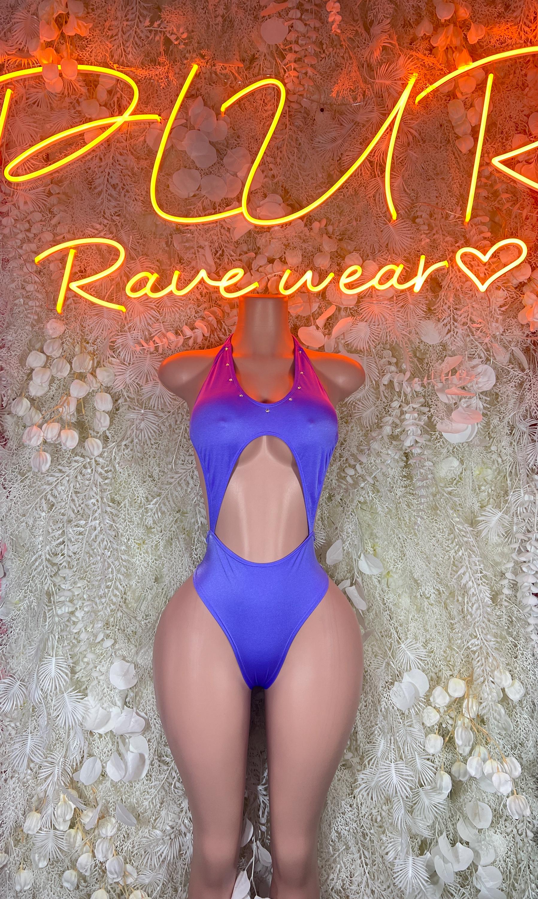 Blue halter high-cut bodysuit with thong back, open front panel