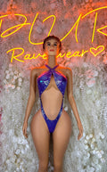 Metallic purple halter bodysuit with strappy back and high-cut leg, front view