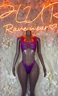 Purple long-sleeve festival bodysuit with scoop neckline and high-cut leg