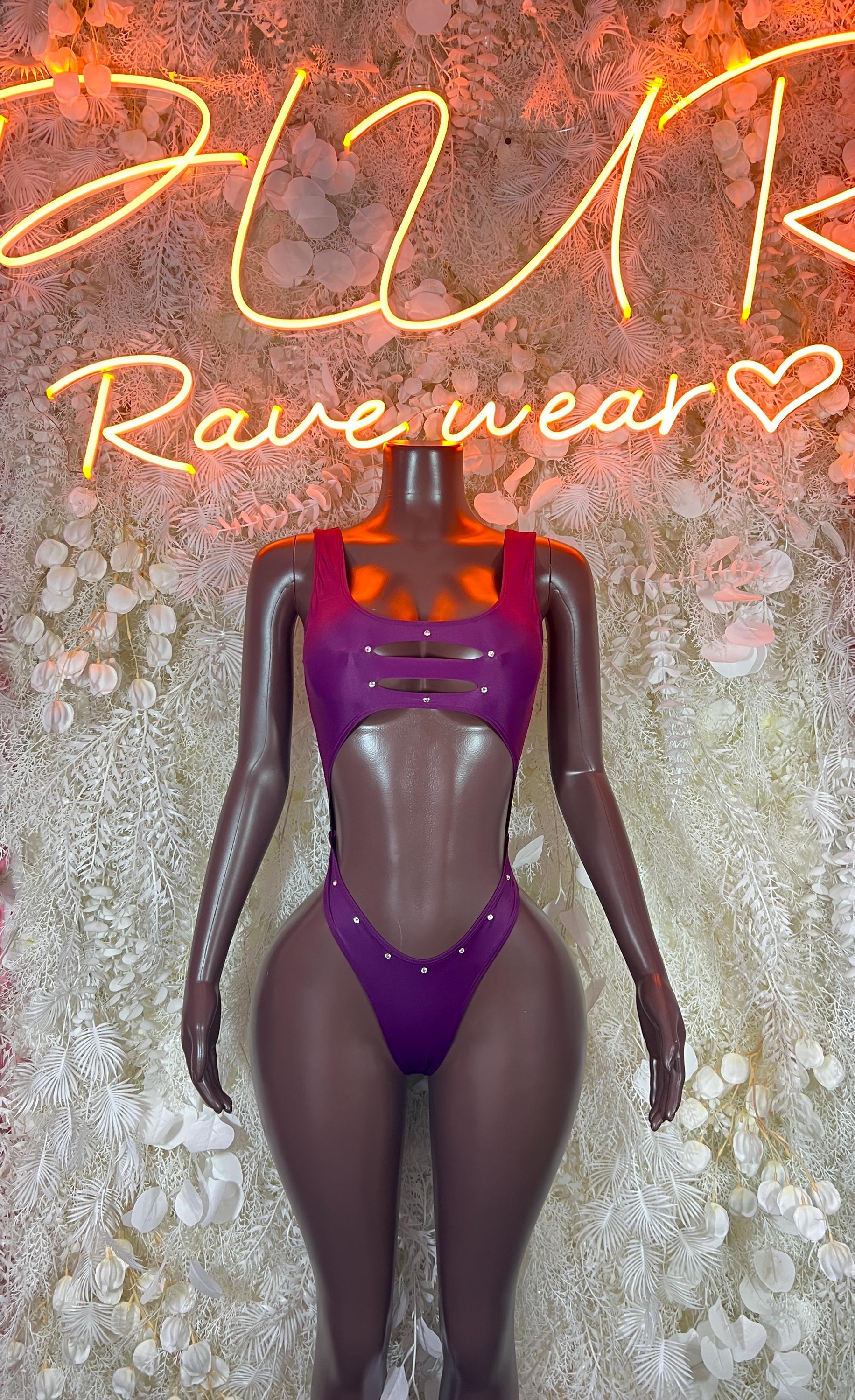 Purple long-sleeve festival bodysuit with scoop neckline and high-cut leg