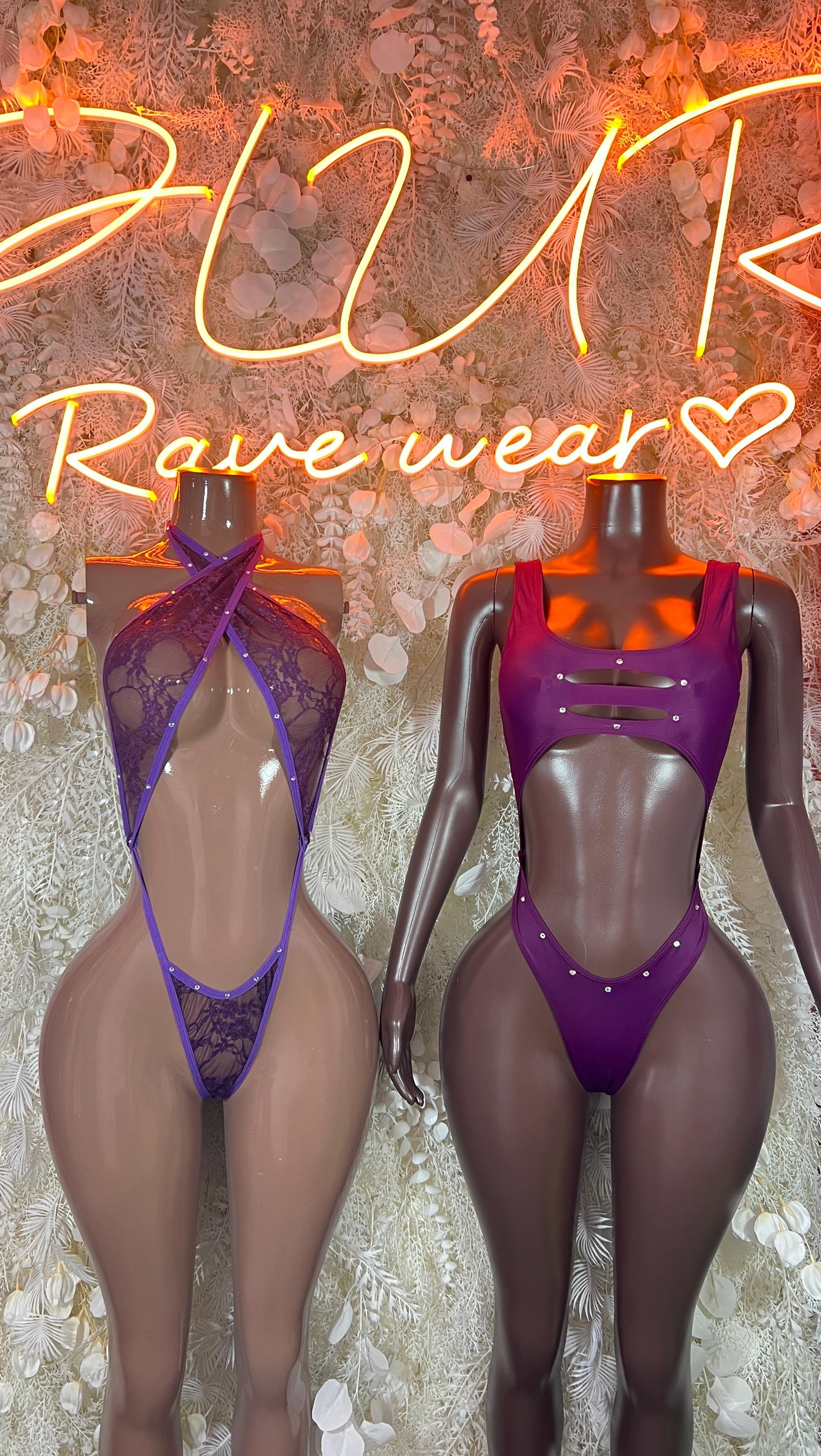 Purple festival bodysuits set: long-sleeve front and backless lace style