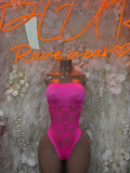 Hot pink lace bodysuit with bandeau neckline and high-leg cut