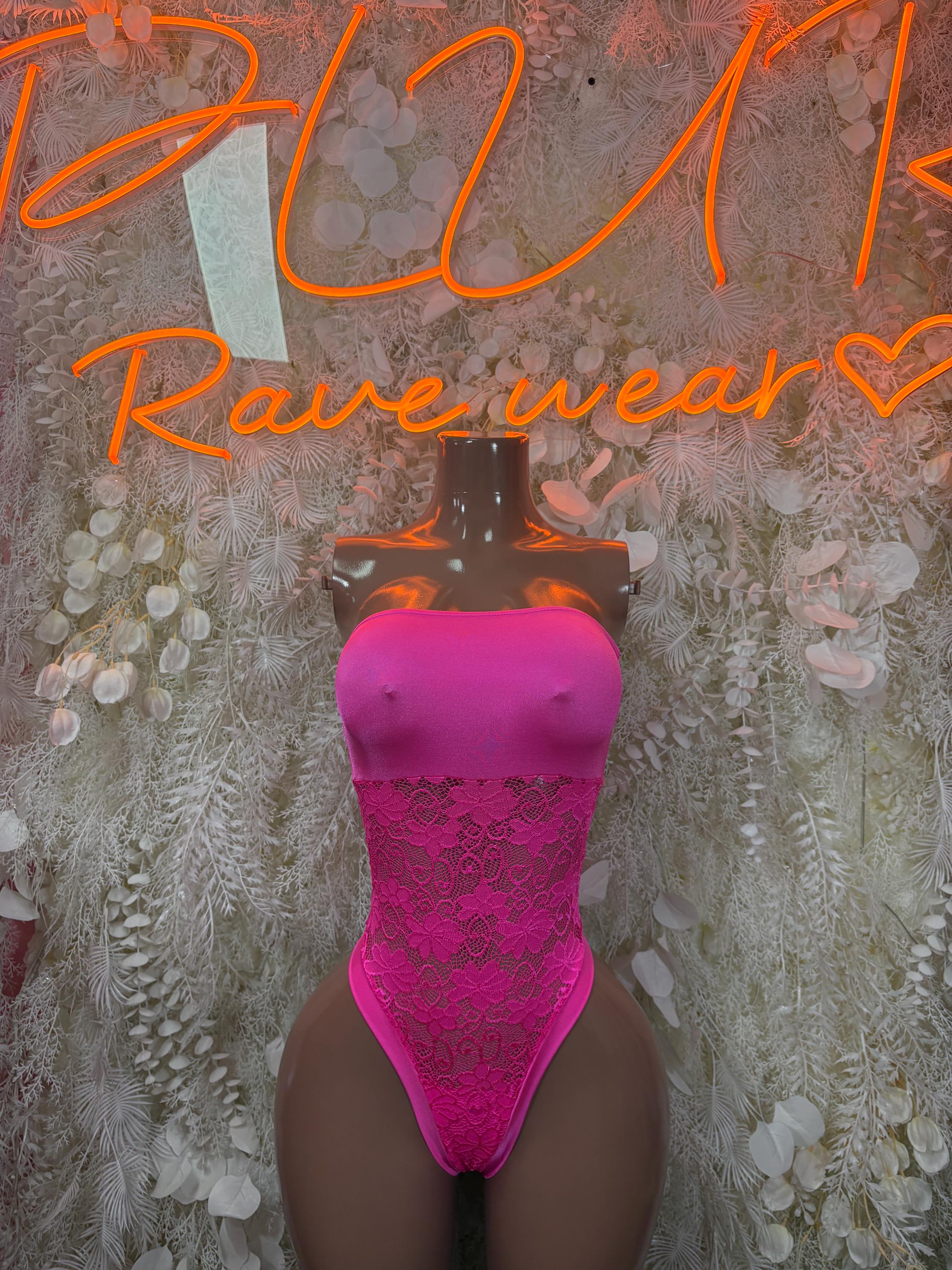 Hot pink lace bodysuit with bandeau neckline and high-leg cut