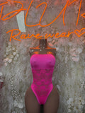 Hot pink lace bodysuit with V-cut front and strap detail