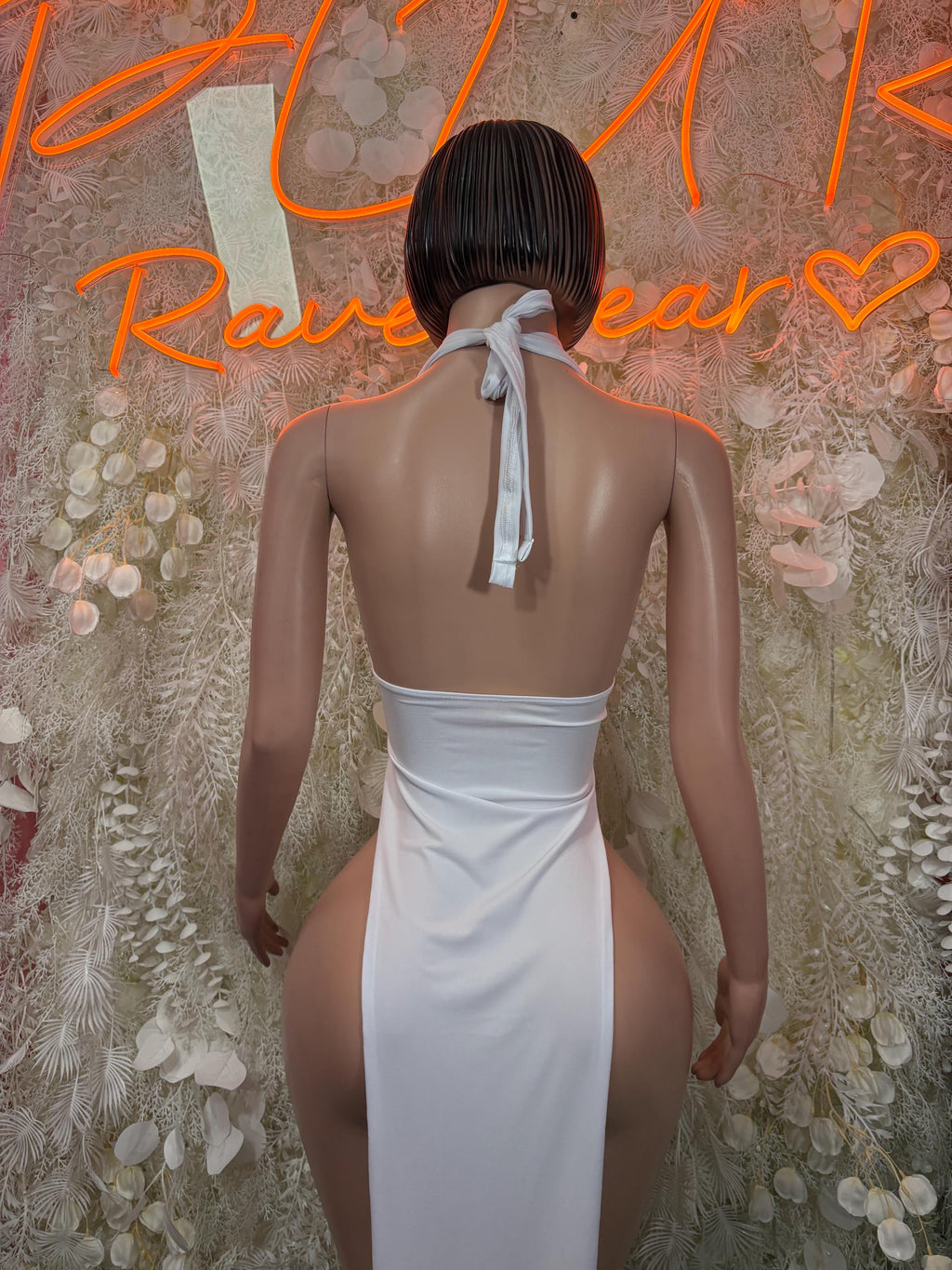 White halter backless mini dress with neck tie and open back