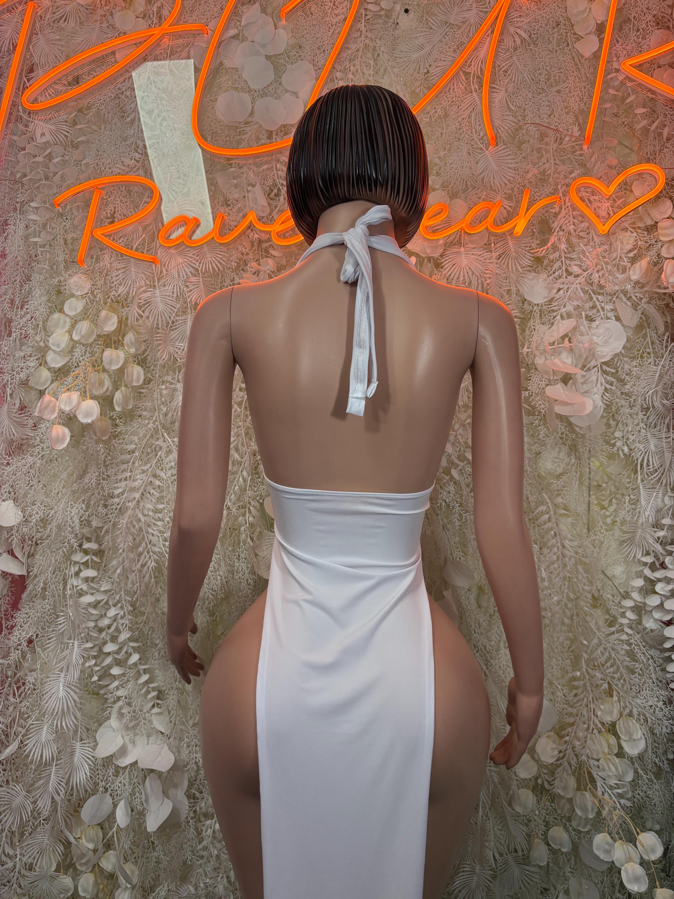 White halter backless mini dress with neck tie and open back