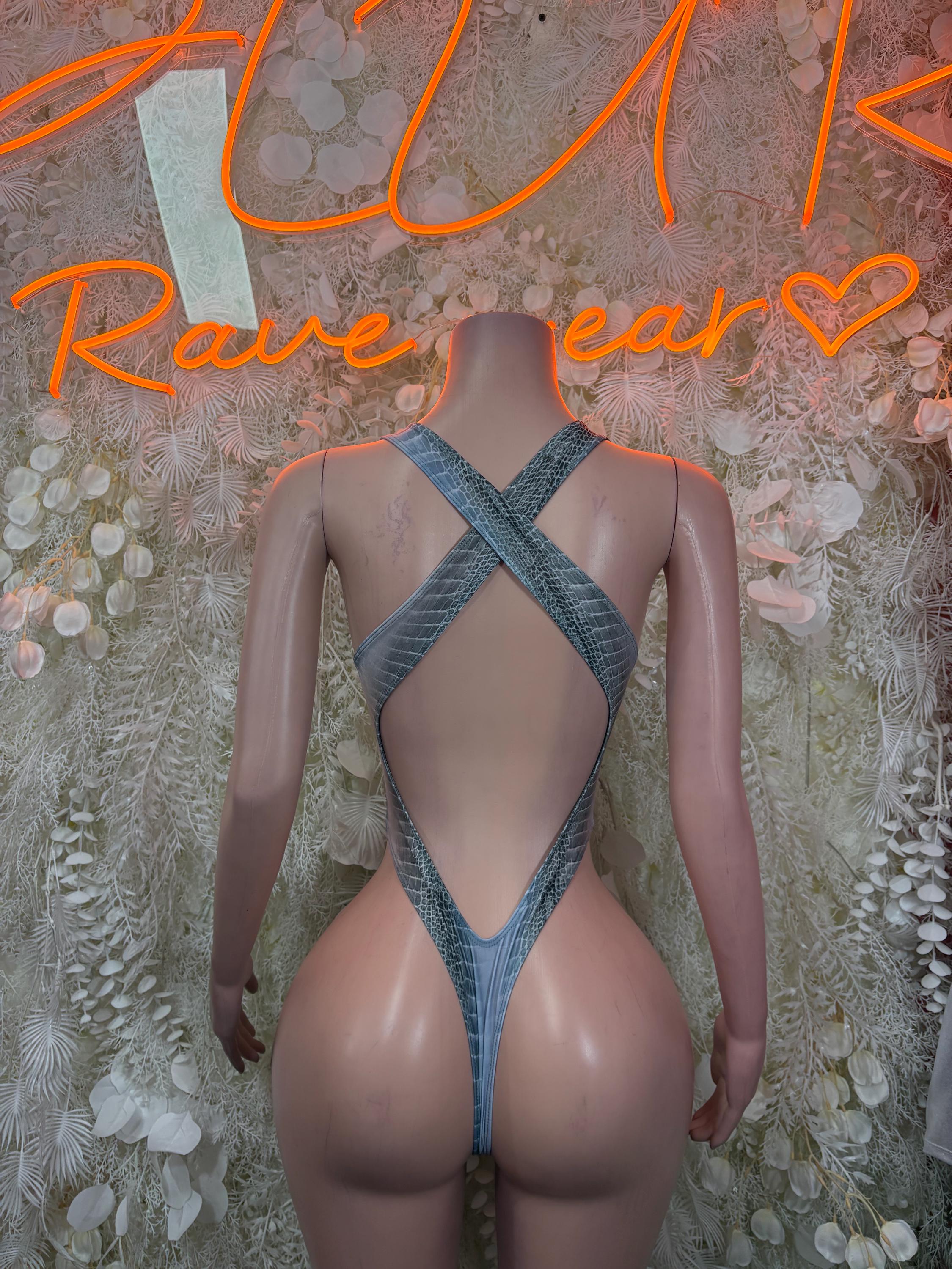 Snake print one-piece dancewear with crisscross back straps and cheeky cut, teal blue