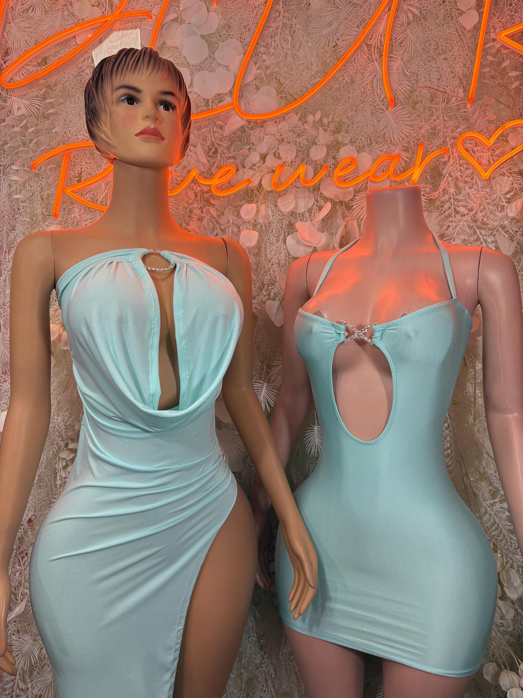 Teal satin halter mini dress with draped neckline and oval back cutout