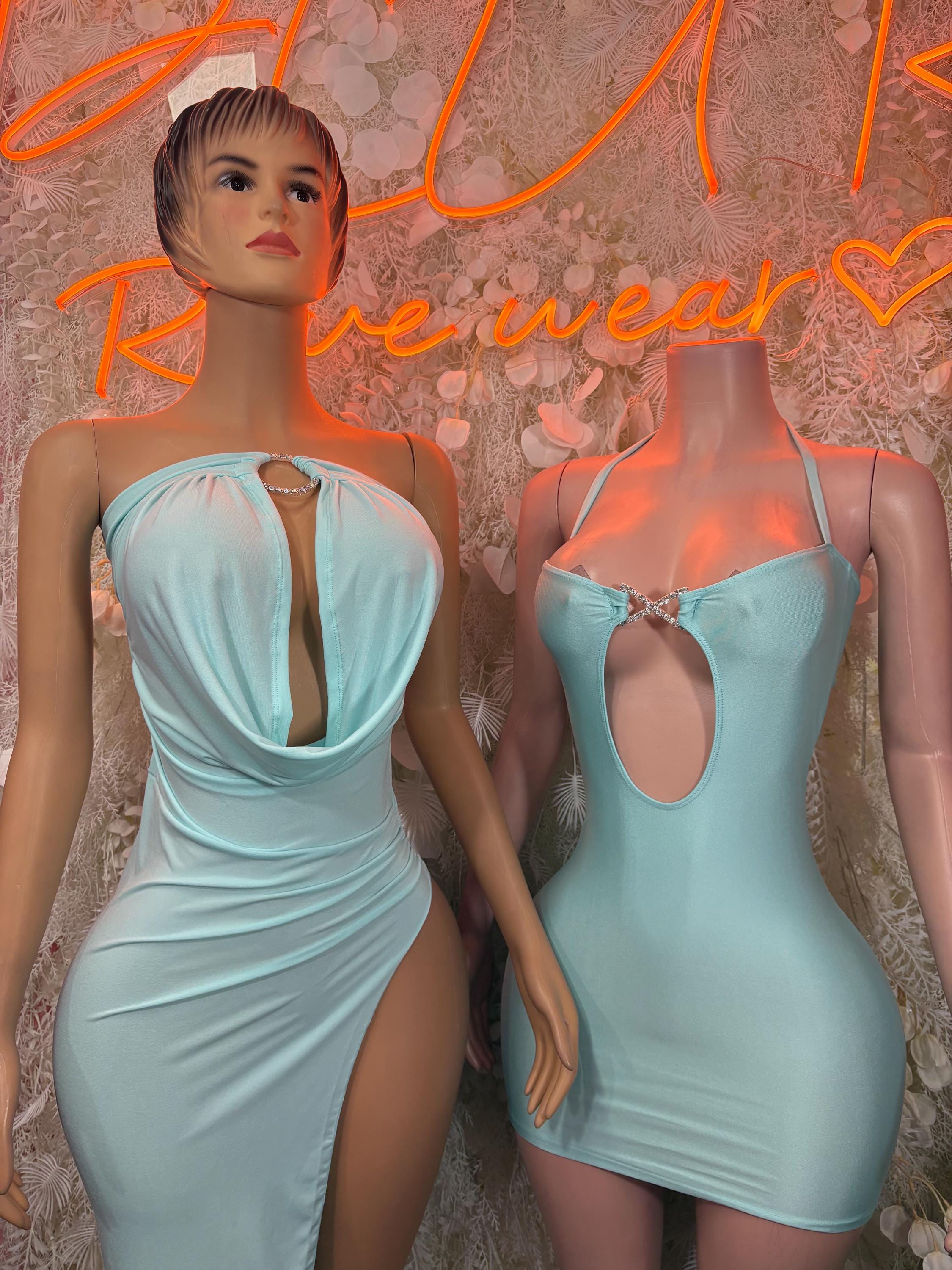 Teal satin halter mini dress with draped neckline and oval back cutout