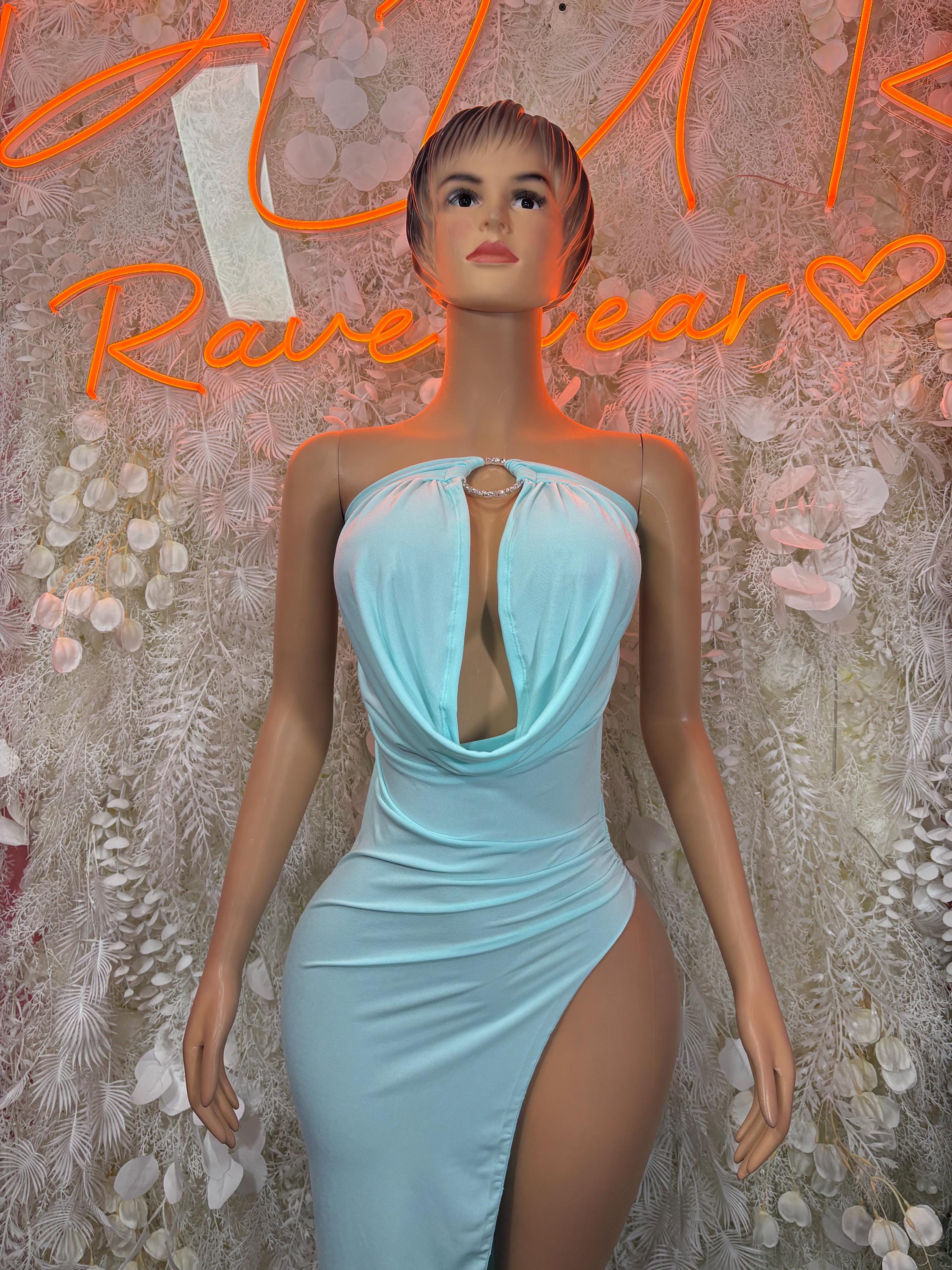 Teal satin halter mini dress with draped front and open back, bodycon fit