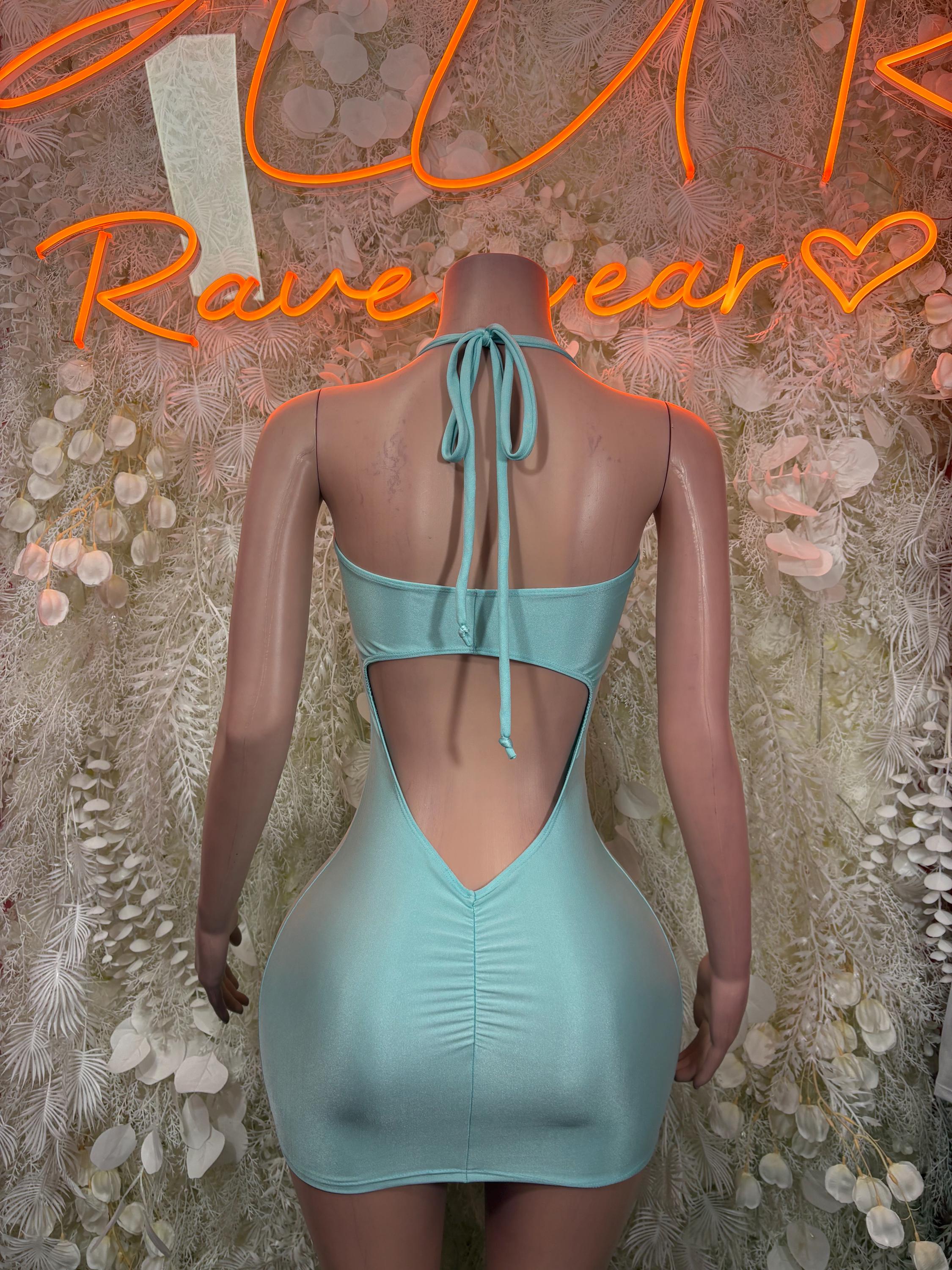 Teal mini dress with open back, thin tie straps, and V-cut neckline