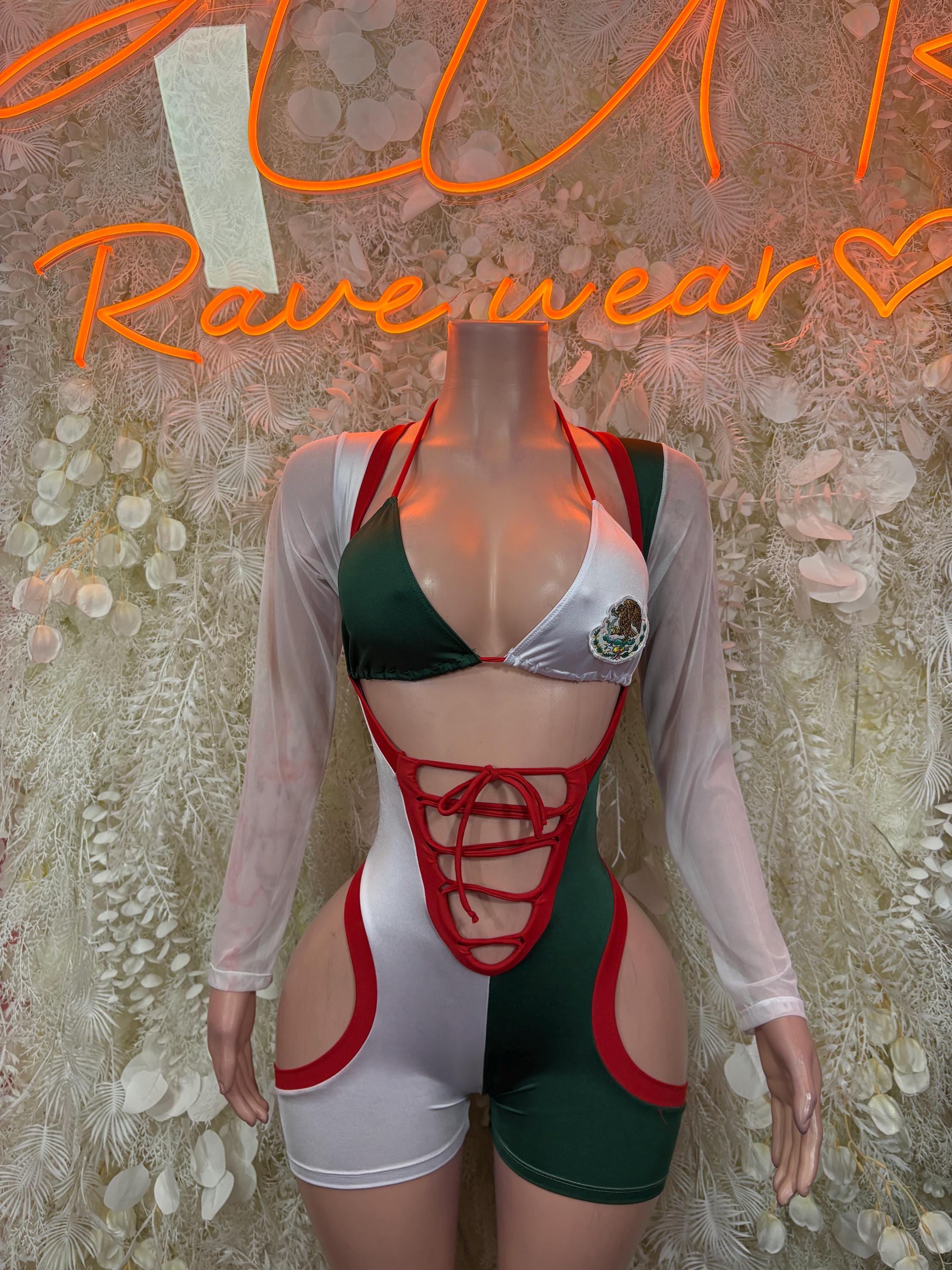 Mexican flag bodysuit: white, red, green panels, front lace-up, long sheer sleeves