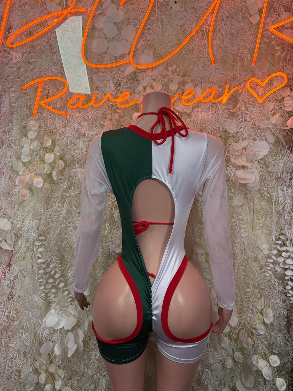 Mexican flag bodysuit with open back, red lace-up straps, white and green side panels