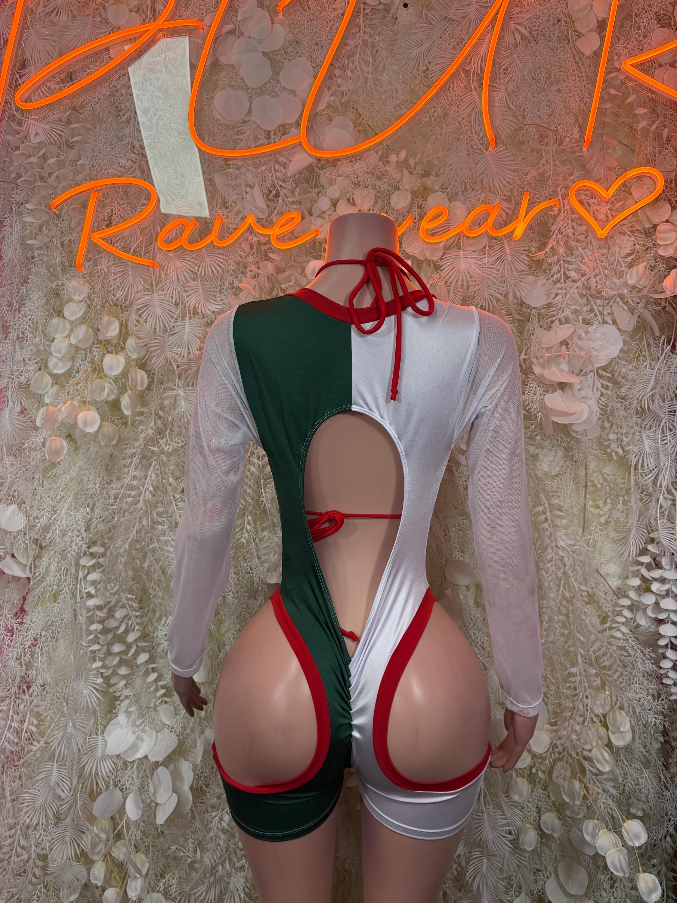 Mexican flag bodysuit with open back, red lace-up straps, white and green side panels