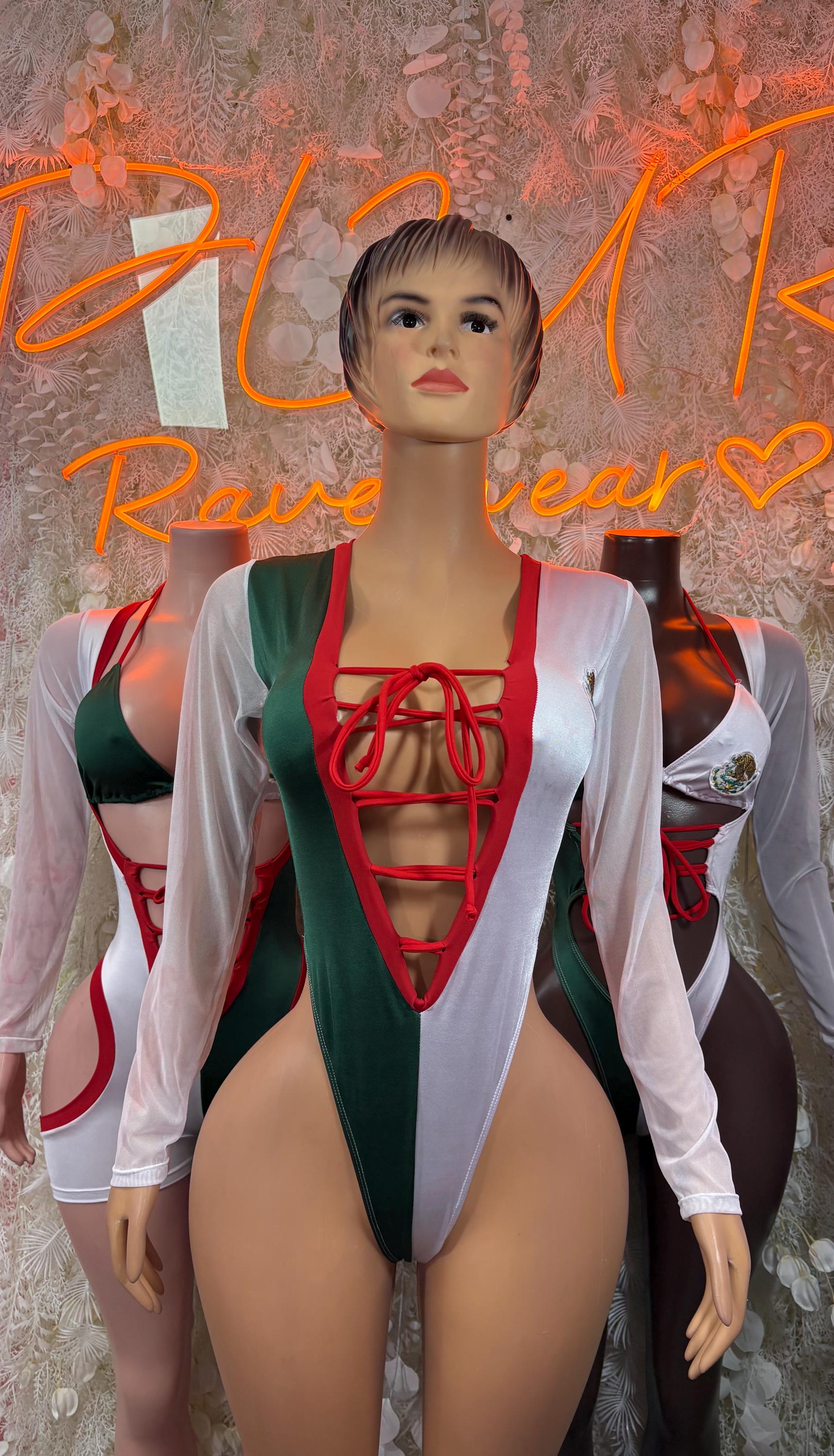 One-piece bodysuit with red lace-up front, dark green center, and white sleeves