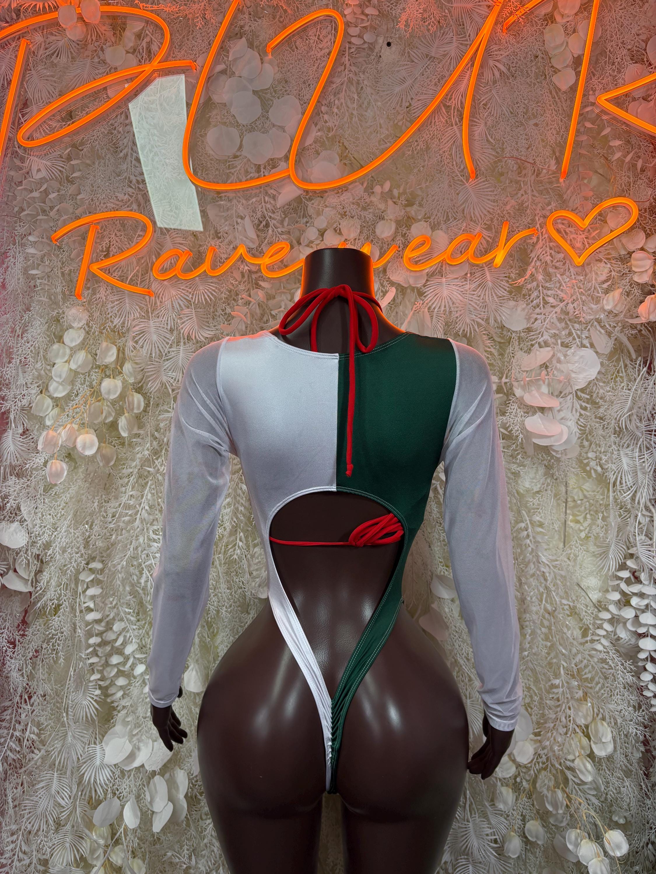 Women’s tie-dye bodysuit with long white sleeves, red tie open back