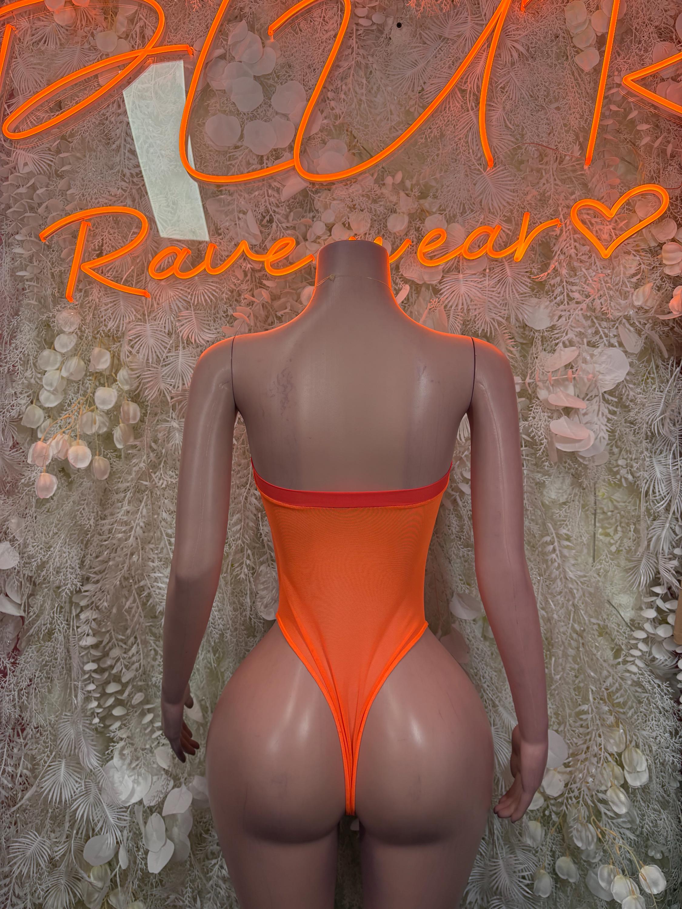 Orange high-cut one-piece bodysuit with open back and V-shaped rear