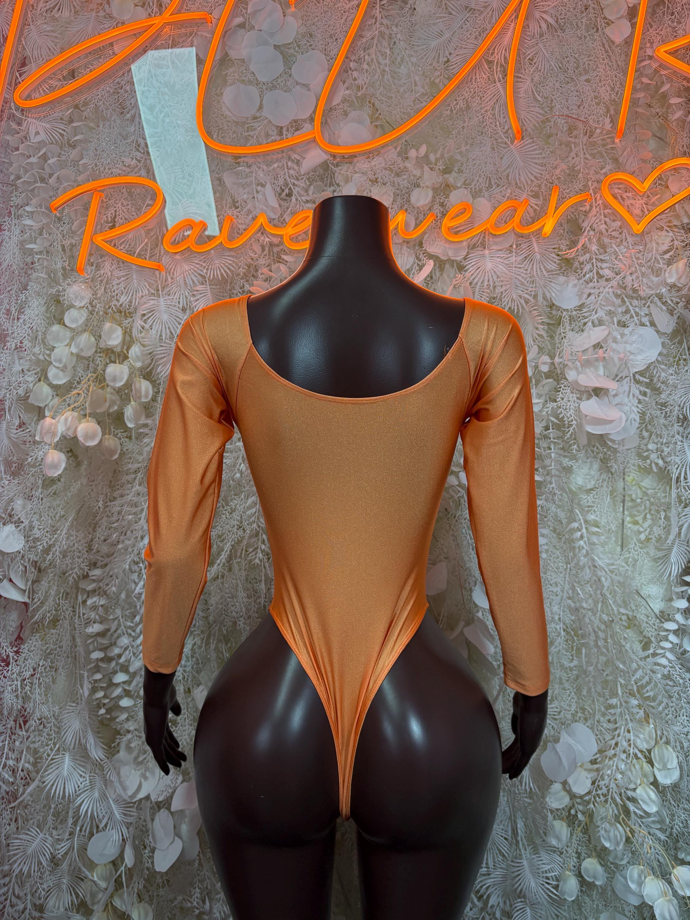 Orange long-sleeve one-piece bodysuit with wide scoop neckline