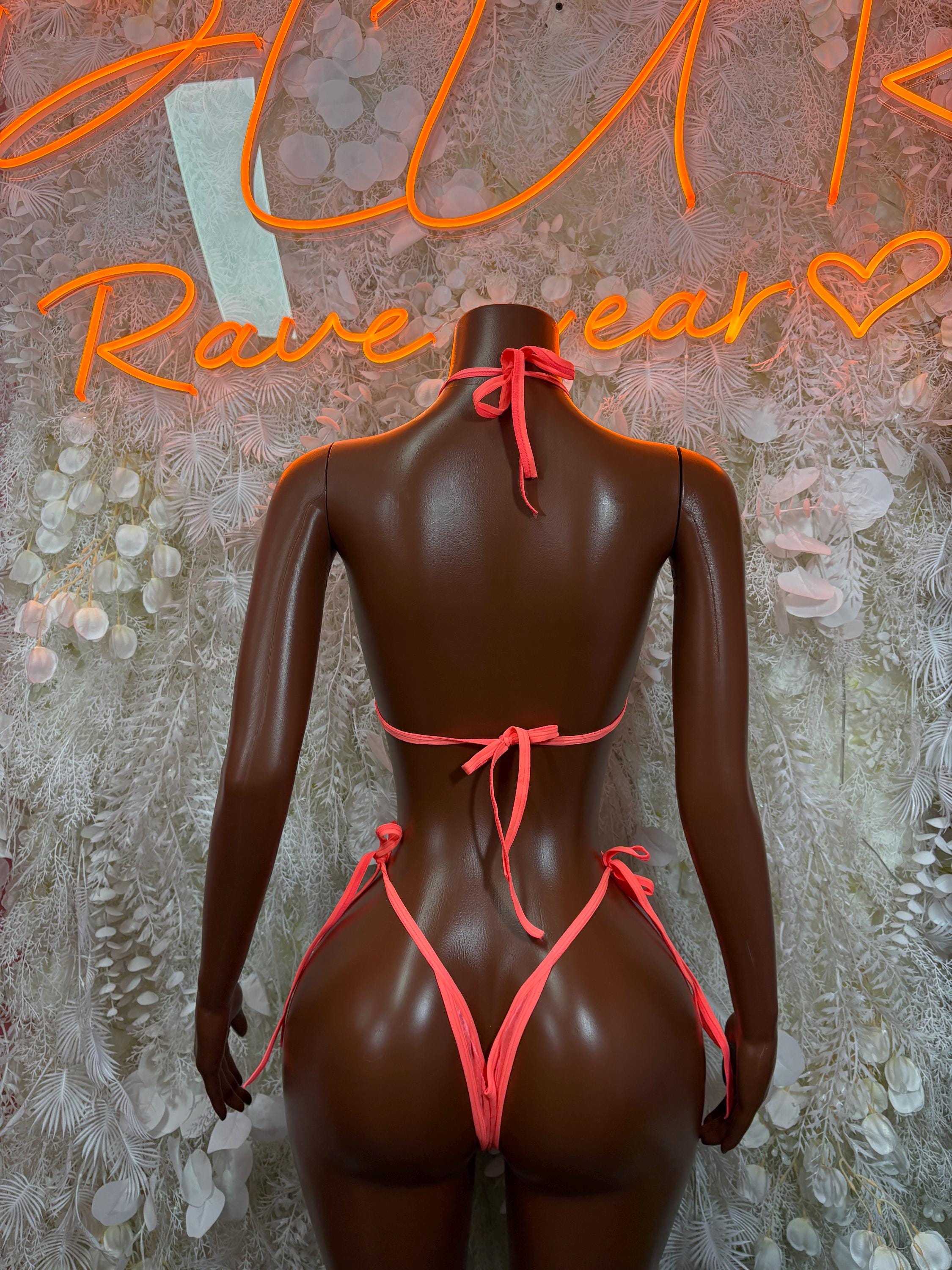 Coral one-piece bodysuit backless with tied halter neck and ribbon straps