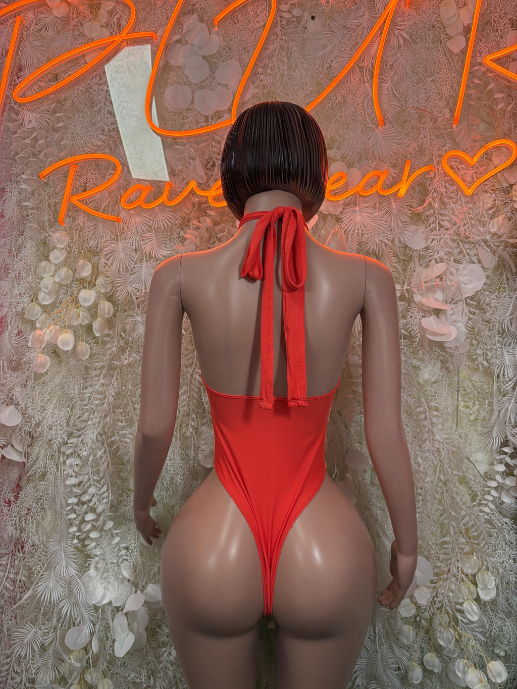 Orange one-piece bodysuit back with tie bow and open back
