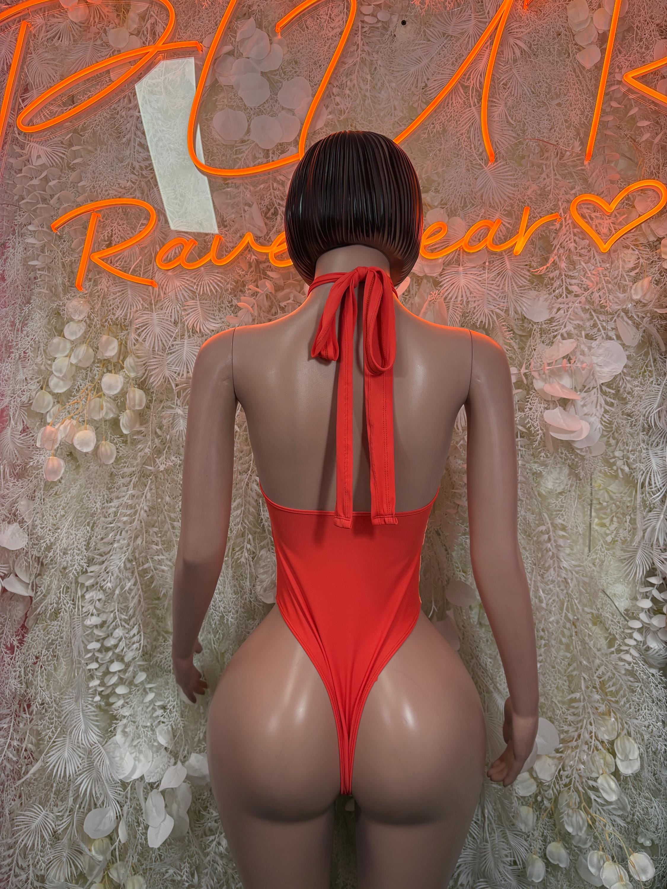 Orange one-piece bodysuit back with tie bow and open back