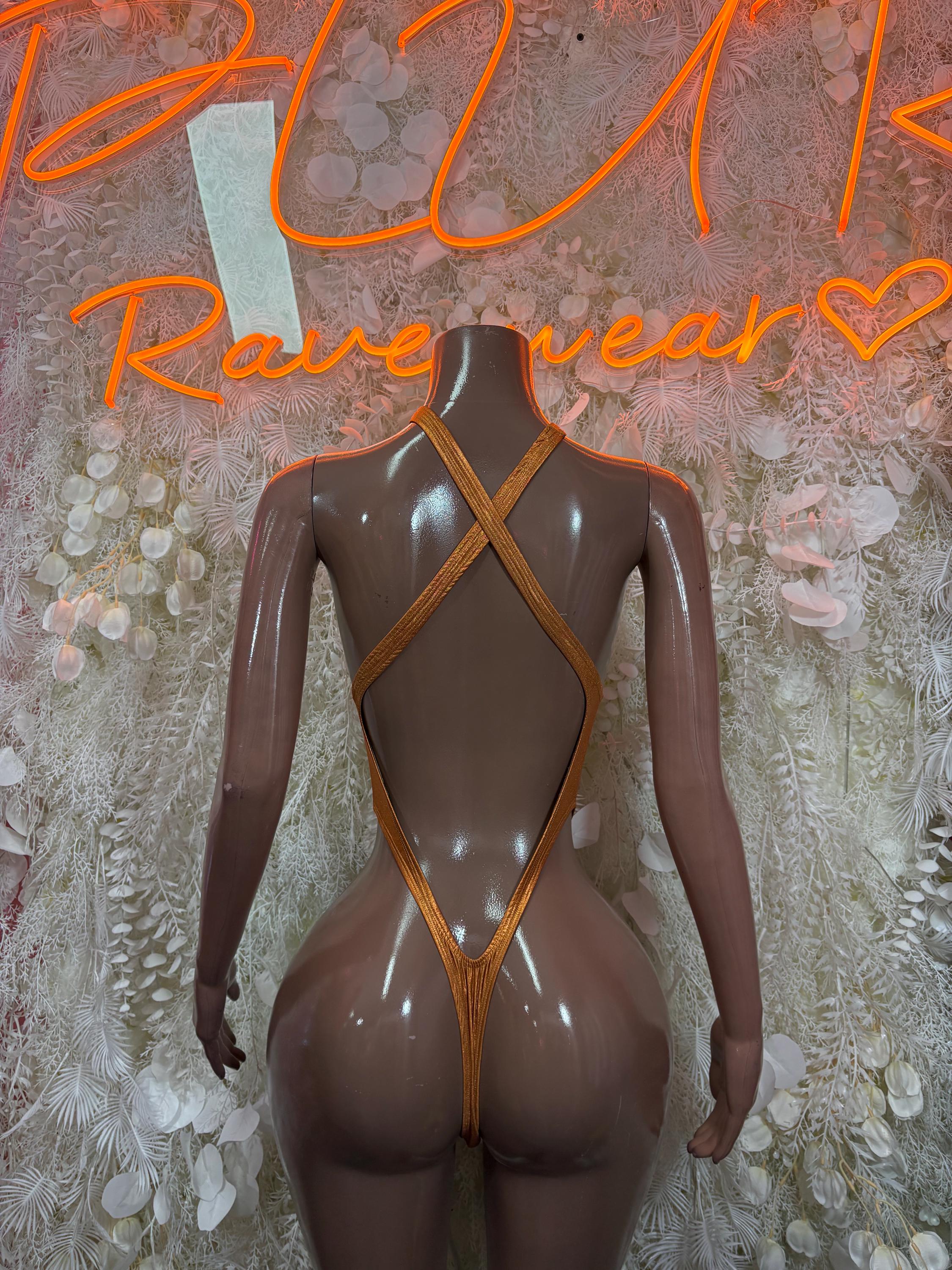 Orange metallic one-piece bodysuit with X-back straps