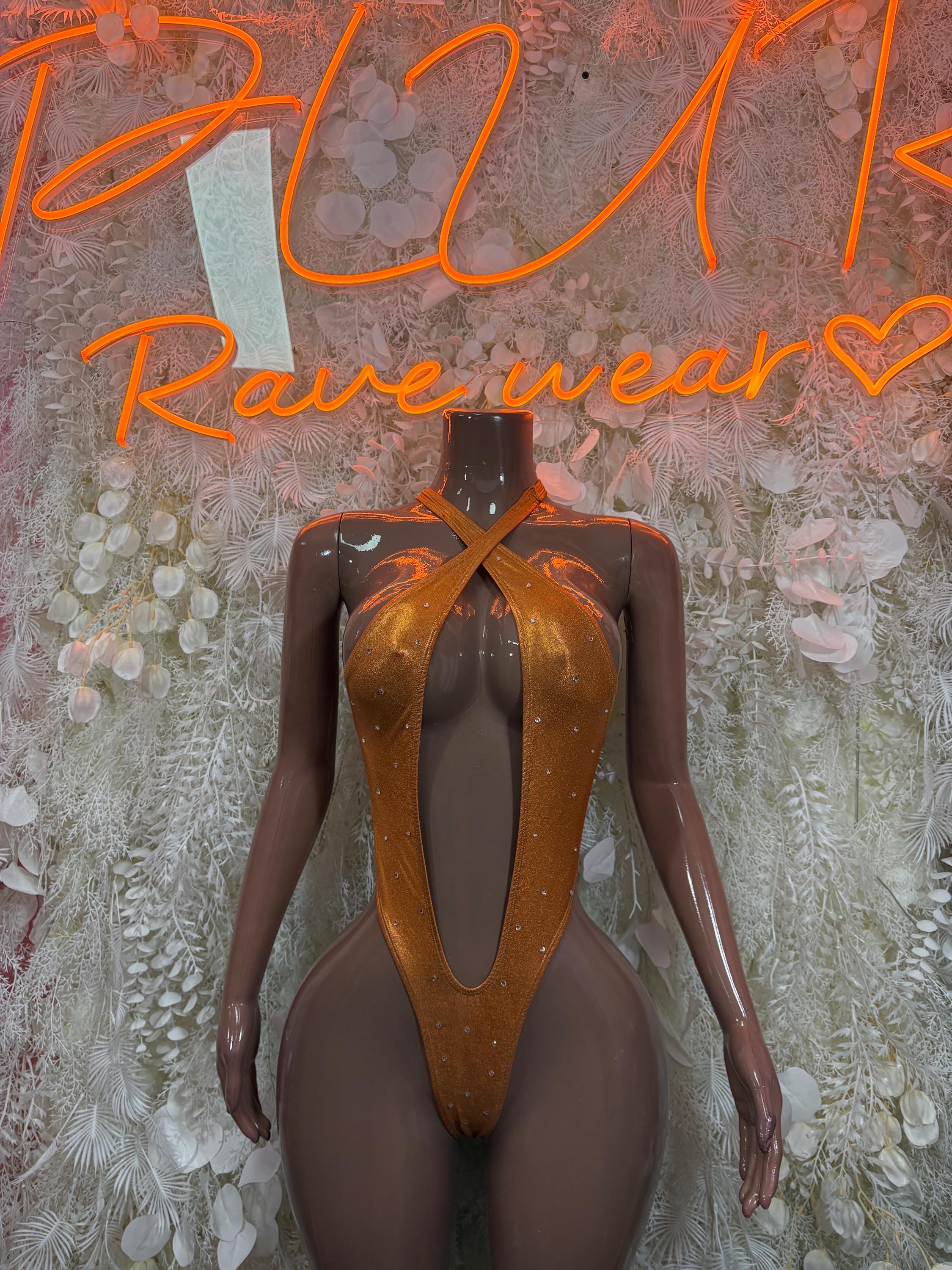 Orange metallic one-piece bodysuit with twisted halter front straps