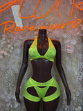 Neon green rave three-piece set with black accents: bra, high-waist bottoms.