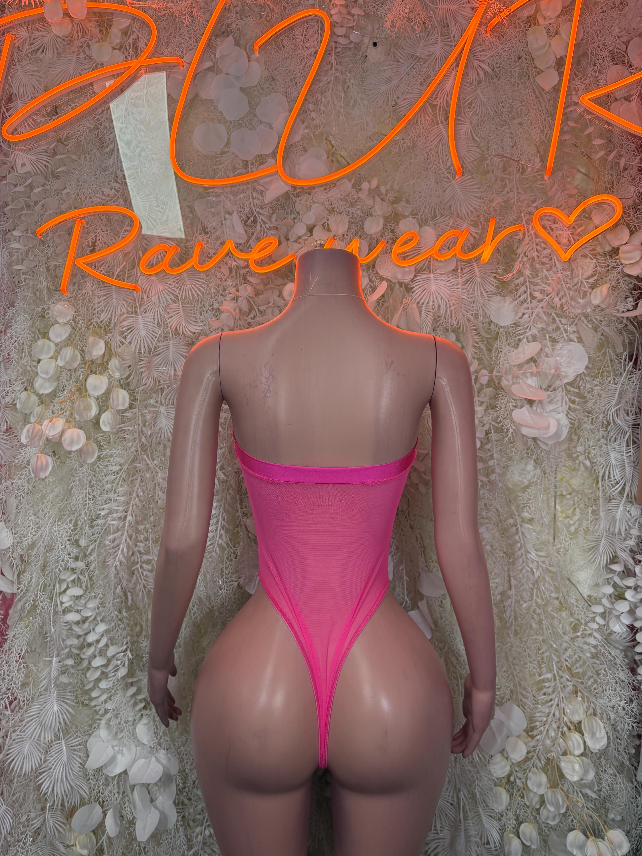 Pink one-piece bodysuit, back view with scoop back and high-cut legs
