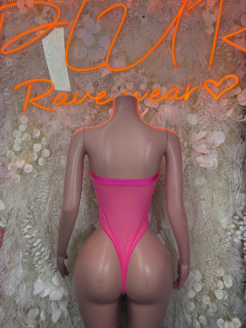 Pink one-piece bodysuit, back view with scoop back and high-cut legs
