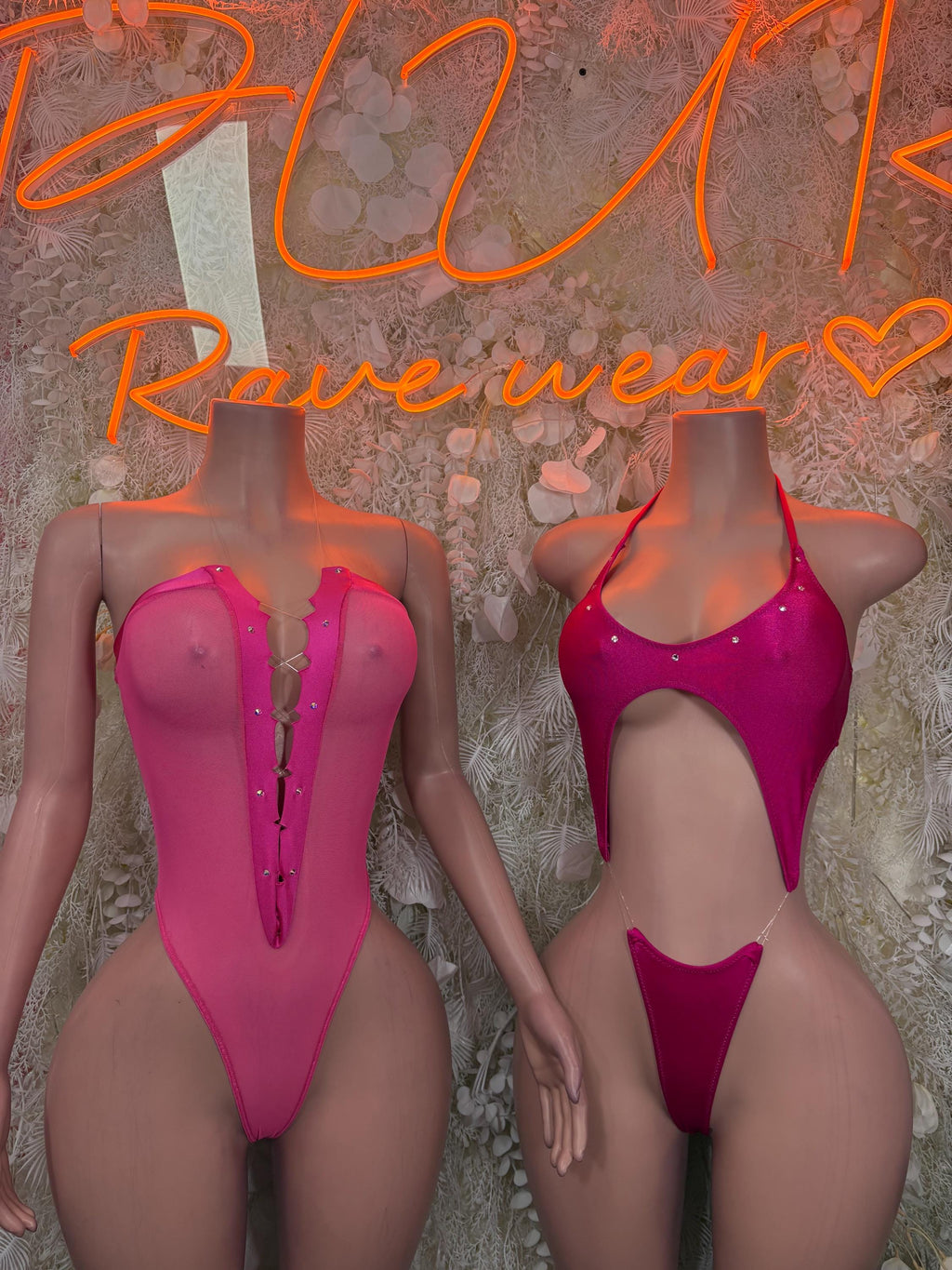 Pink one-piece slingshot swimsuit shown in two views: front and side back