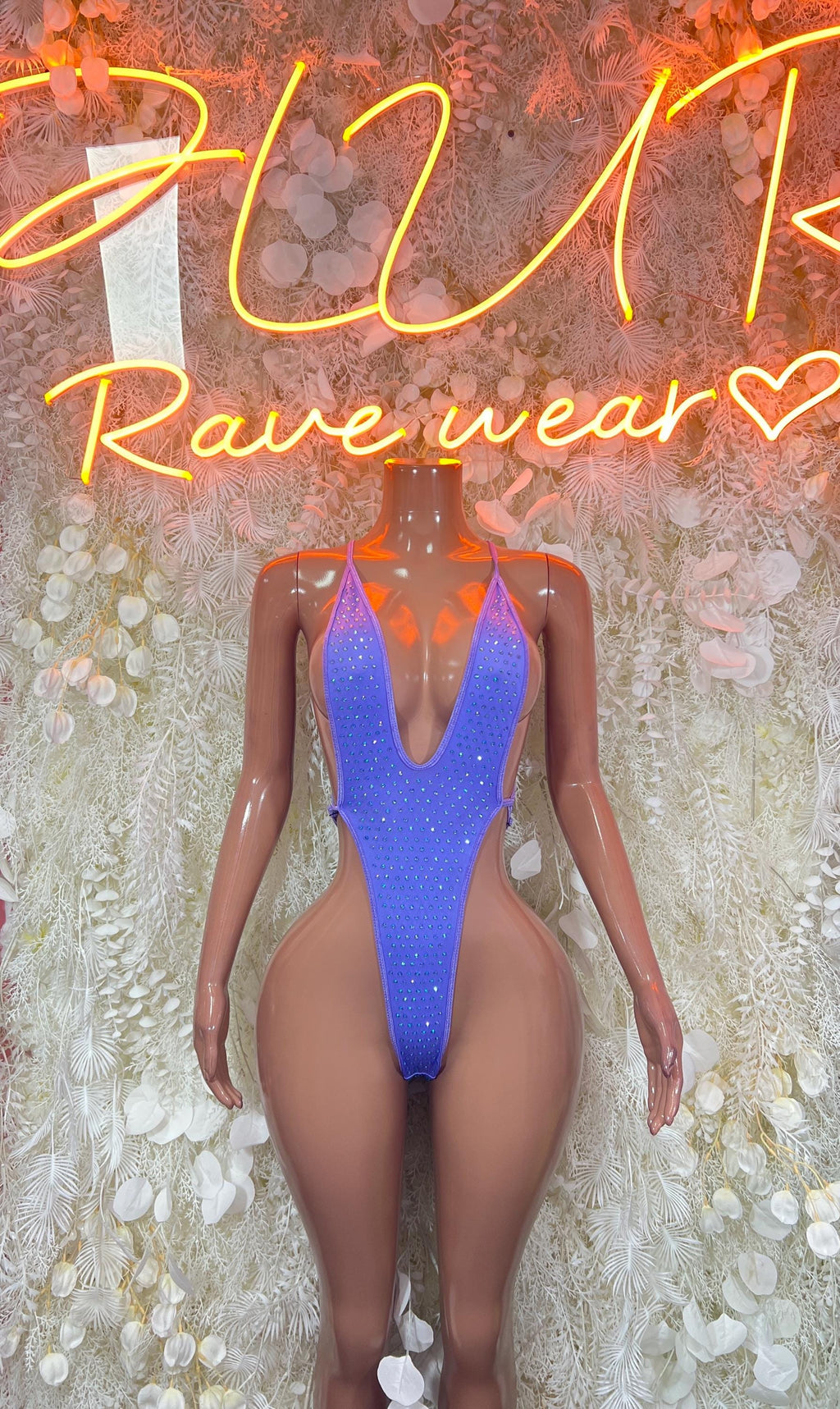 Rhinestone one-piece bodysuit, deep purple front with V neckline and cheeky coverage