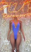 Rhinestone one-piece bodysuit, deep purple front with V neckline and cheeky coverage