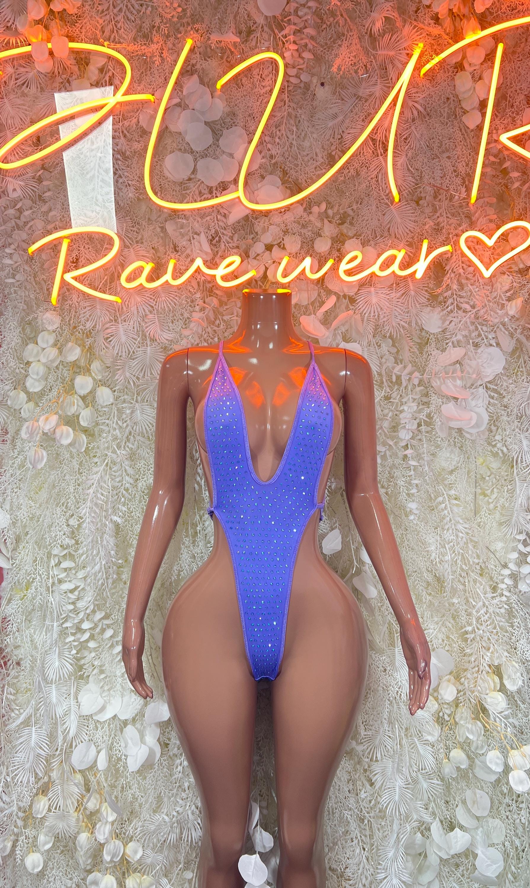 Rhinestone one-piece bodysuit, deep purple front with V neckline and cheeky coverage