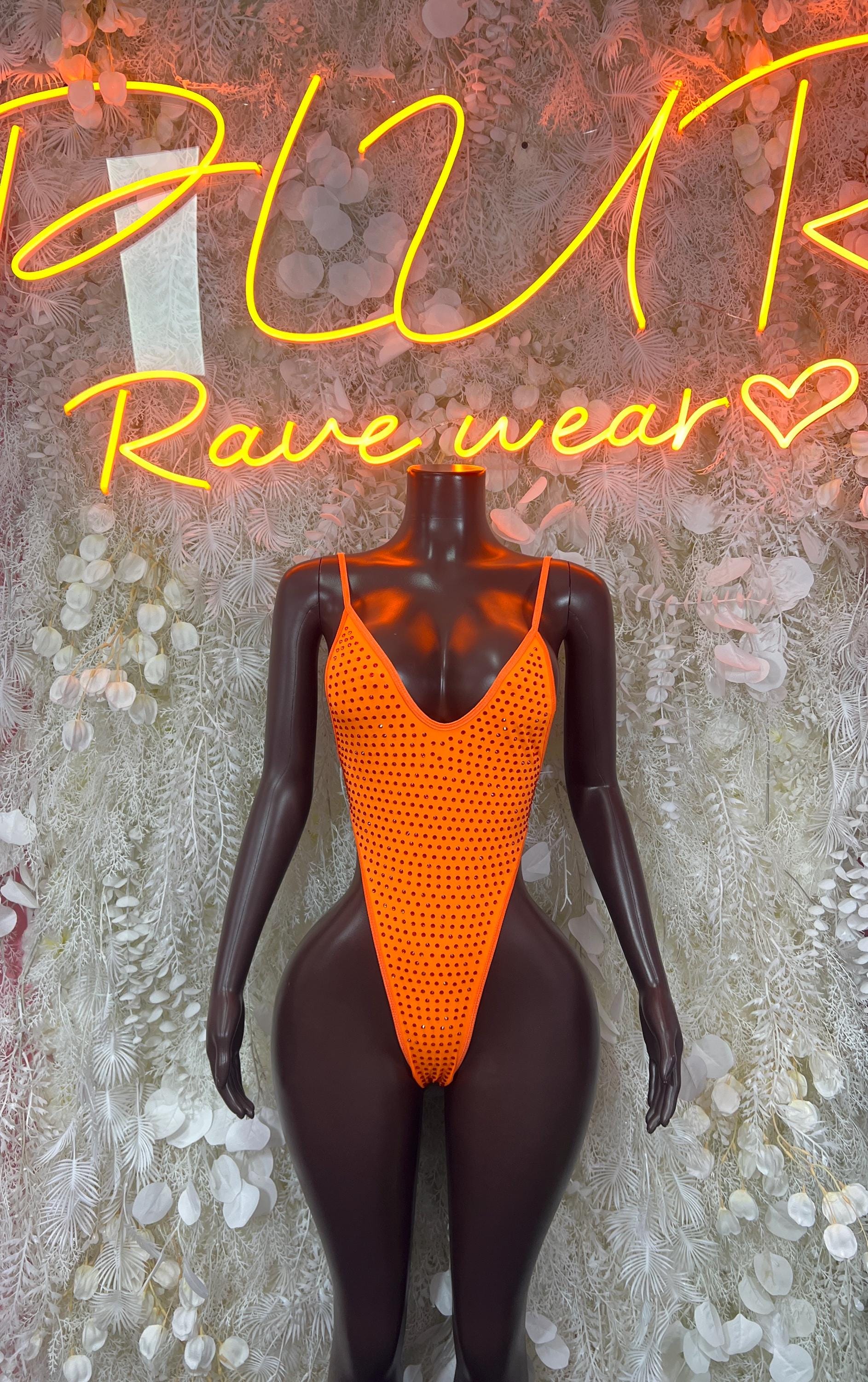 Orange rhinestone V-neck bodysuit with thong-style bottom