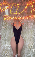 Black rhinestone one-piece bodysuit with V-neck and spaghetti straps