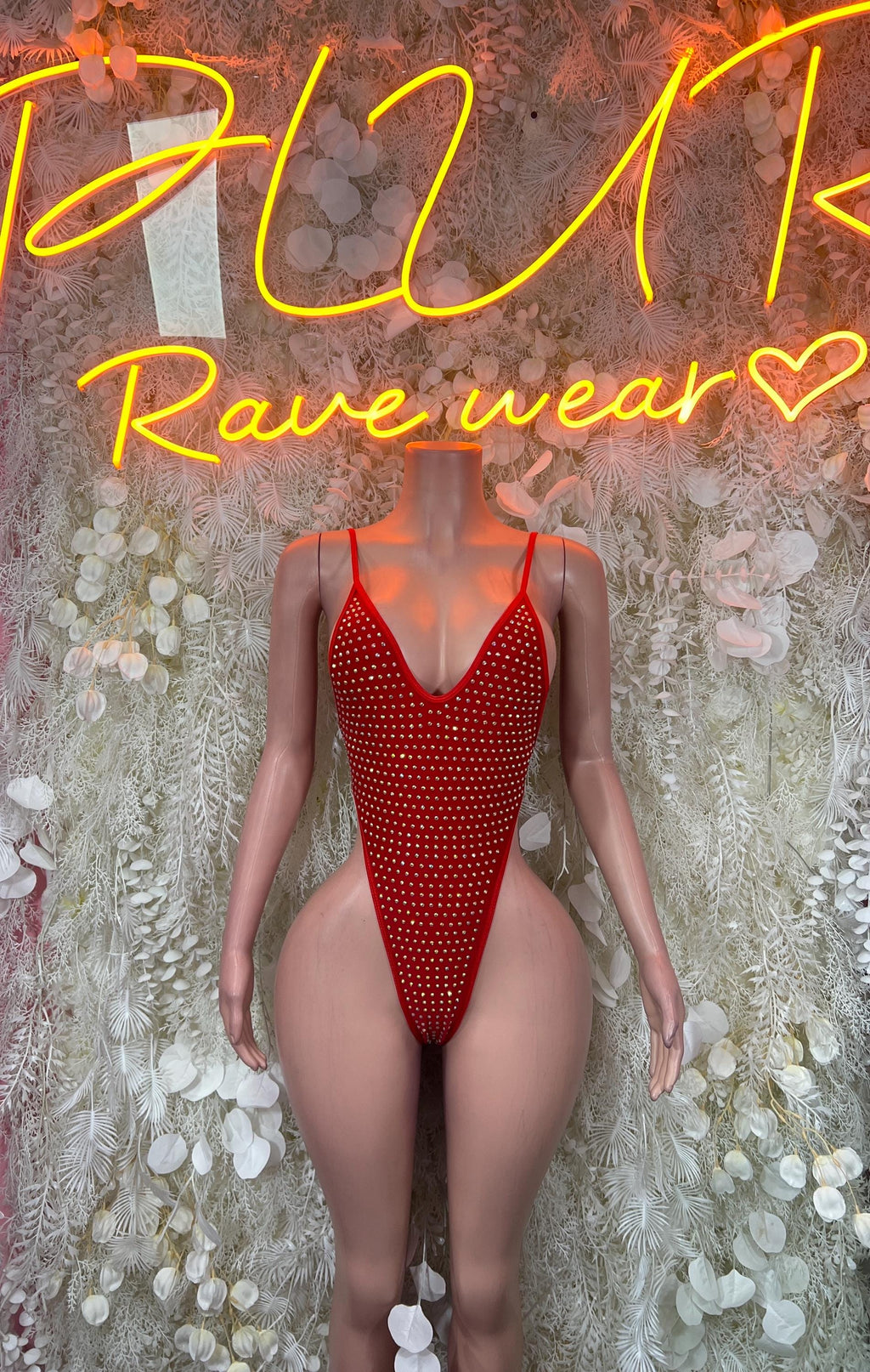 Red rhinestone one-piece bodysuit with V-neck and thin straps