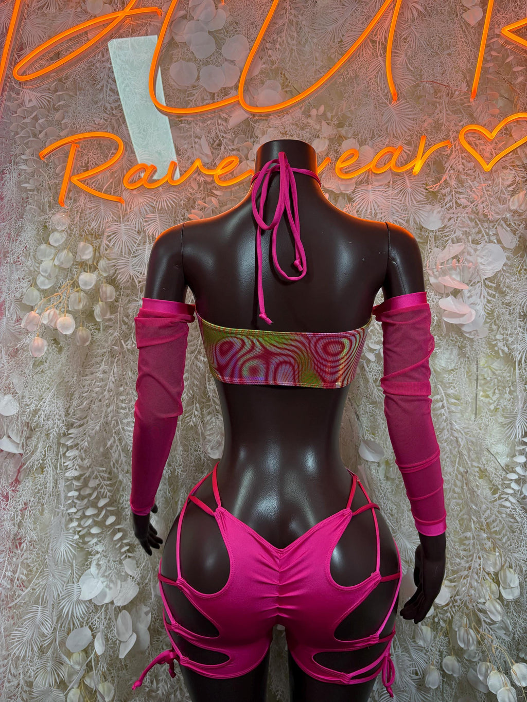 Pink metallic hologram backless dancewear set with long sleeves, ribbon lacing, cutout briefs