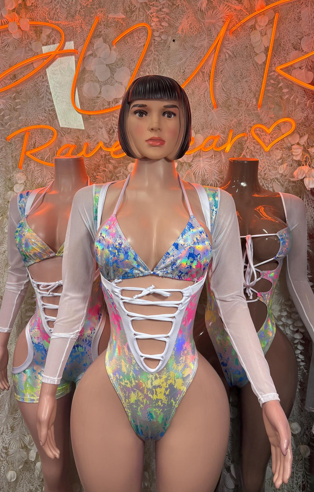 Bottlegirl Crushed Metallic Multicolor Hologram Design Bartender Exotic Dancewear for Performers, Rave wear