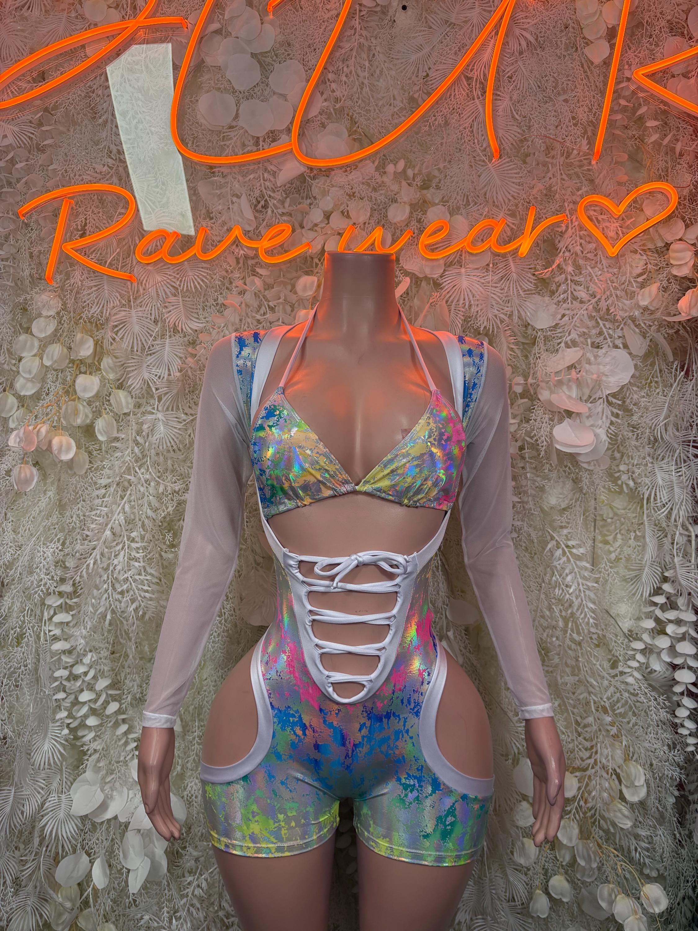 Rainbow hologram dance romper with lace-up front cutouts and matching sheer sleeve cover