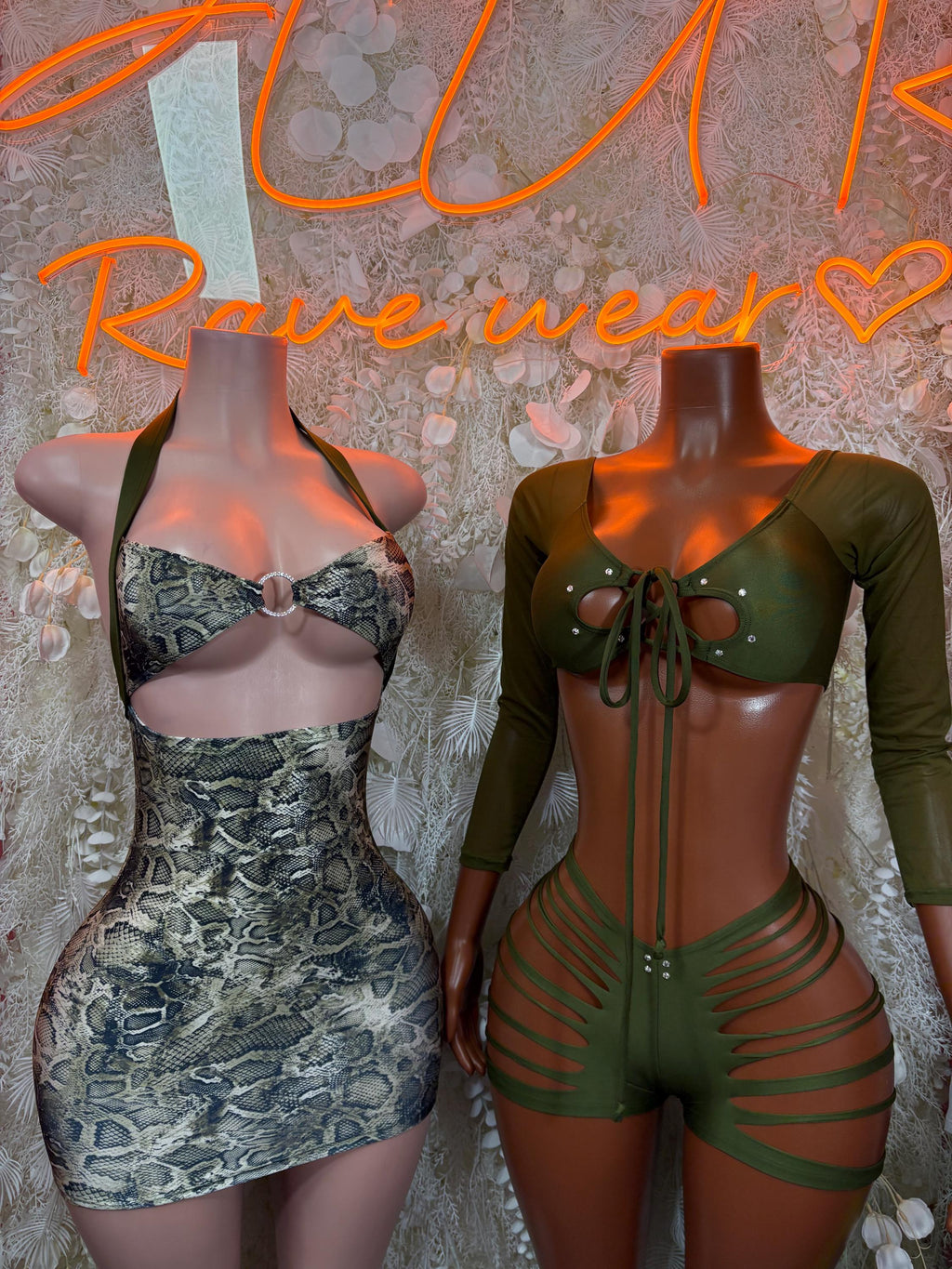 Snake print mini dress and green strappy lingerie set, matching halter and back ties