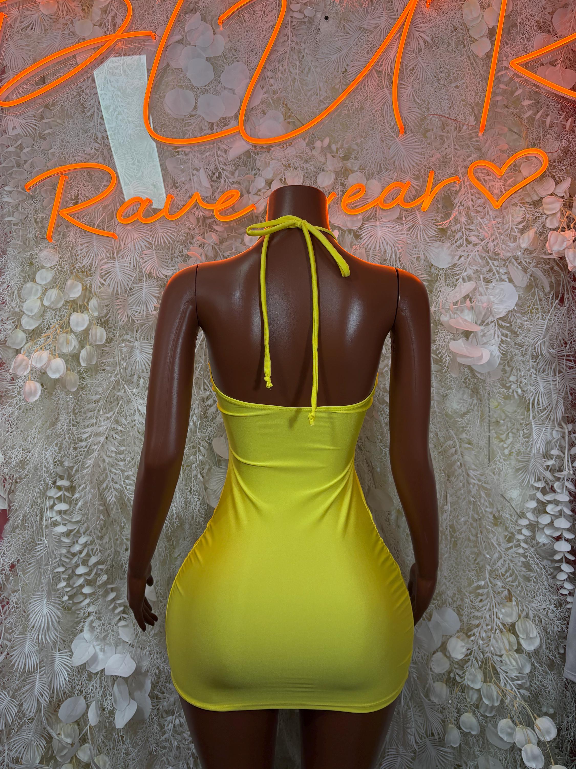 Neon yellow backless halter dress with tie-back straps and gathered ruched seams
