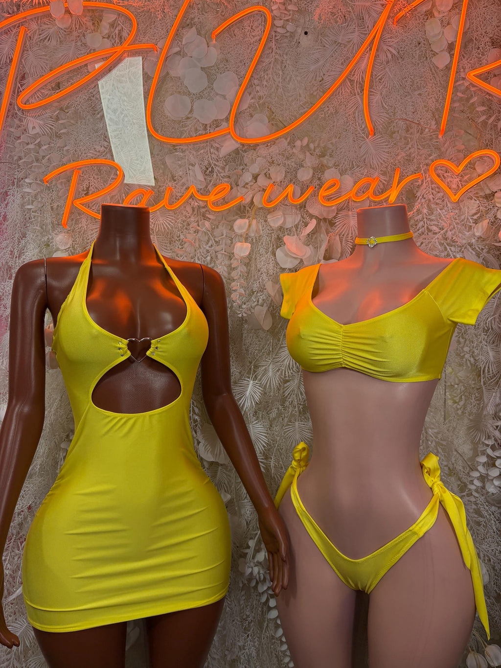Neon yellow cutout halter mini dress beside matching scrunch bikini set